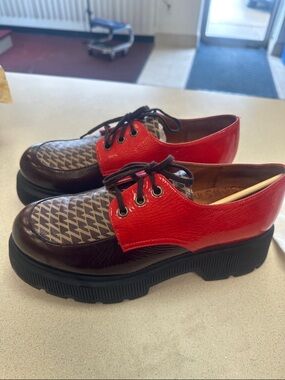 Chie Mihara Red and Brown Patterned Platform Lace-Up Flats